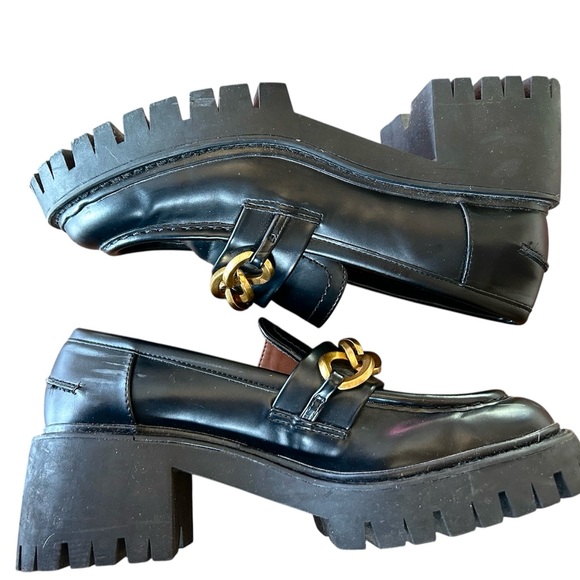 ZARA Gold Chain Detail Lug Sole Heeled Loafers EU38 Black Academia Preppy Grunge - Picture 5 of 9